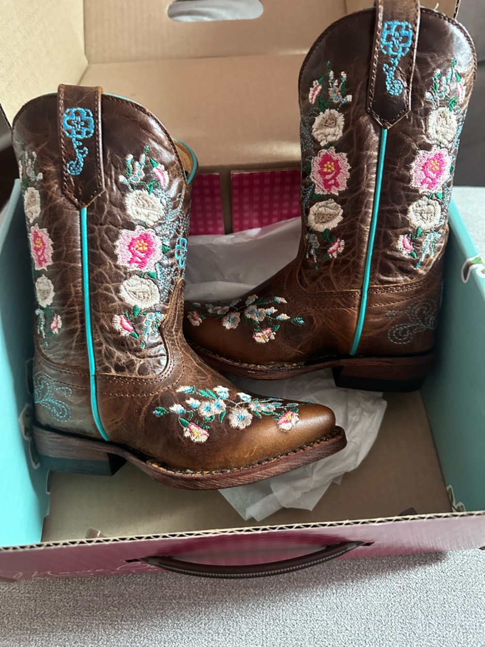 Macie Bean Brown Floral Embroidered Kids Cowboy Boots with Turquoise Trim